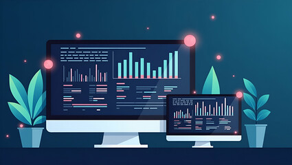 Flat Business data analytics design flat vector illustration finance investment monitor report dashboard concept as Flat vector design of a business team analyzing financial reports and dashboards hig