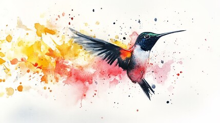Watercolor Flight: Hummingbird in Motion with Abstract Color Blends