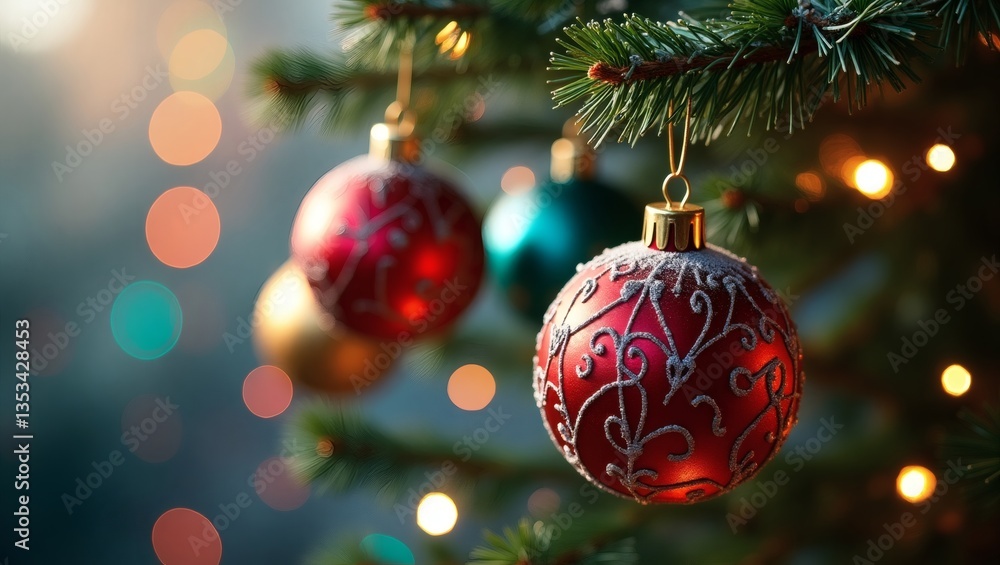 Aufkleber ornaments hanging on the Christmas tree with bokeh background that make the image warm