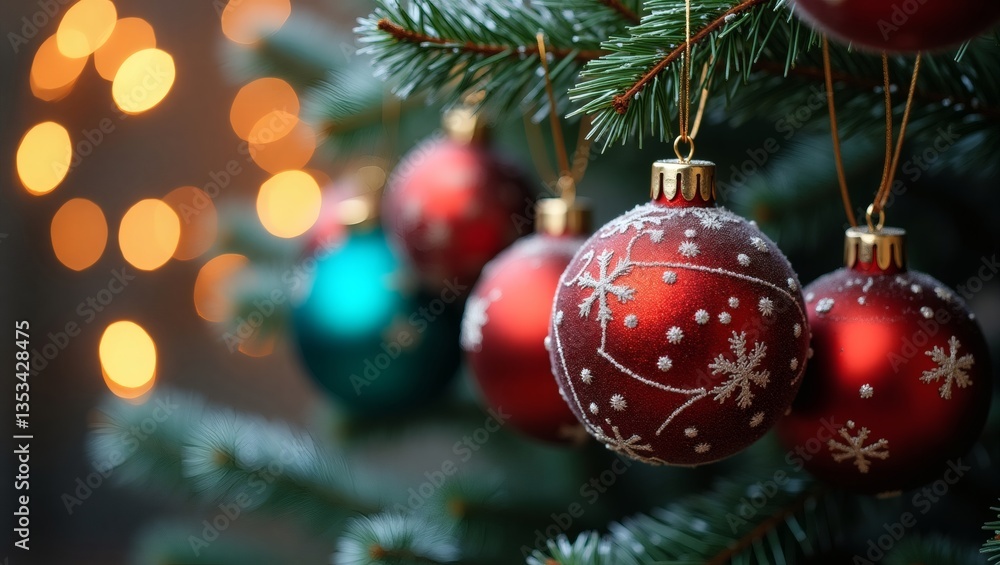 Poster Christmas ornaments on a decorated fir tree with a bokeh background, creating a festive atmosphere 
