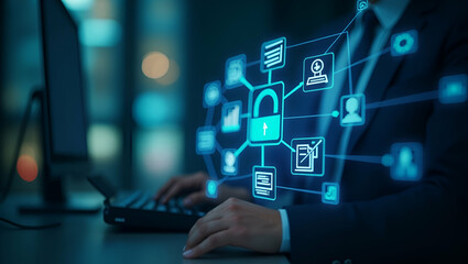 Flat Document management concept with icons on virtual screen ERP. Businessman working on the computer for document management concept online documentation database and digital file storage system. co