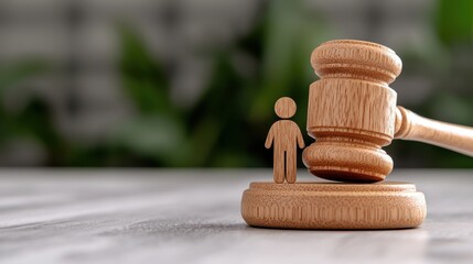 A wooden gavel next to a human figure, symbolizing justice and law.