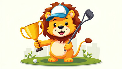 Cute Cartoon Lion in Golf Cap: Playful Sports Design for Kids