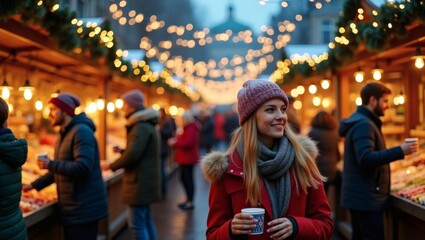 a woman in a winter hat at a festive market. People shopping for goods during the holidays, illuminated by string lights