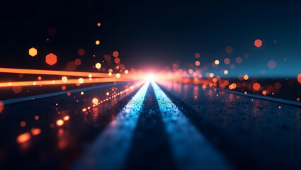 Abstract digital road with glowing light streaks and scattered particles concept as Abstract digital road features glowing light streaks and scattered particles creating a futuristic visual in  Photo 