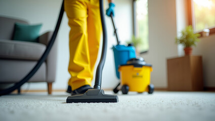 Professional Cleaner in Yellow Overalls Vacuuming Carpet for a Spotless Environment - Stock Photo Concept with Empty Space on the Left for Customization