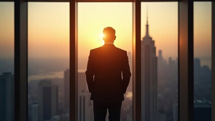 Fototapeta premium a man standing in front of a skyscraper window, gazing at a city during a sunrise