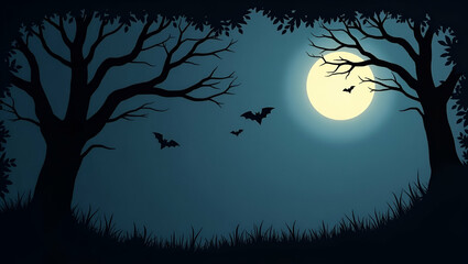 Gnarled Haunted Trees and Glowing Full Moon Frame: Eerie Copy Space for Halloween Messages in Photo Stock Concept with Empty Left Side for Creative Use