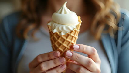 Delightful Flat Vector: Woman's Hands Holding Melting Ice Cream Cone - Capturing Sweet Moments