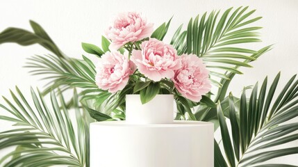 Fototapeta premium Pink peonies in white vase, tropical leaves, studio still life