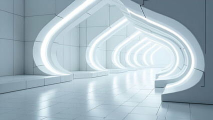 Futuristic Tile Weaving: Angled Arcs and Neon Geometry in Advanced Workplace Design - Refined Code Inspired Lines Connecting Bright Nodes in Photo Stock Concept