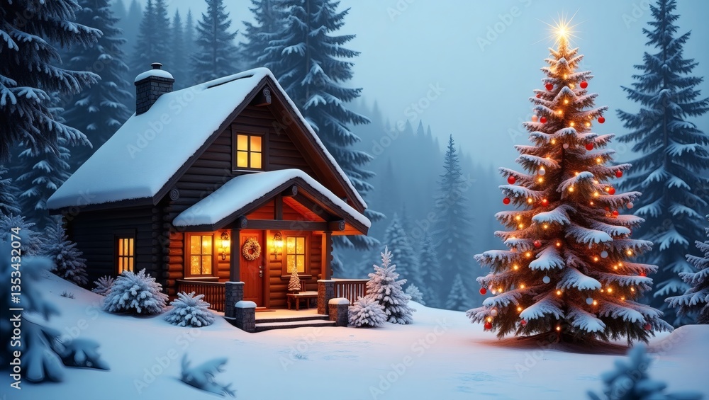 Poster a cozy cabin in a snowy winter wonderland with christmas tree. the warm glow of lights emanates from