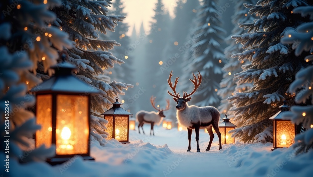 Poster a magical winter scene with reindeer and lanterns, creating a cozy and festive atmosphere. snow cove