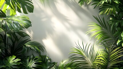 Naklejka premium Lush tropical leaves frame a bright background.