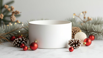 Minimalist White Container Surrounded by Festive Decor: A Sleek Modern Holiday Presentation for Advertising and Seasonal Themes in Photo Stock with Empty Space for Customization