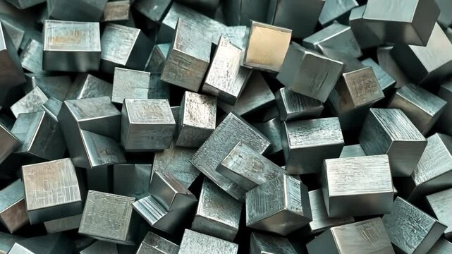 Metallic cubes stacked in a disordered arrangement showcasing their varied textures and reflective surfaces