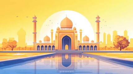 Clean vector illustration of a mosque with striking architecture for Eid Mubarak.