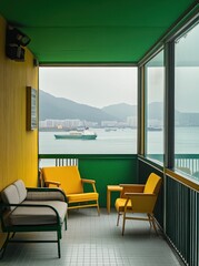 A brightly colored modern interior space overlooking the water