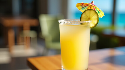 Bright and Refreshing Daiquiri Cocktail with Lime Slice and Colorful Umbrella: Perfect for Tropical Beach Vacations and Summer Vibes - Ideal Photo Stock Concept with Empty Space for Customization