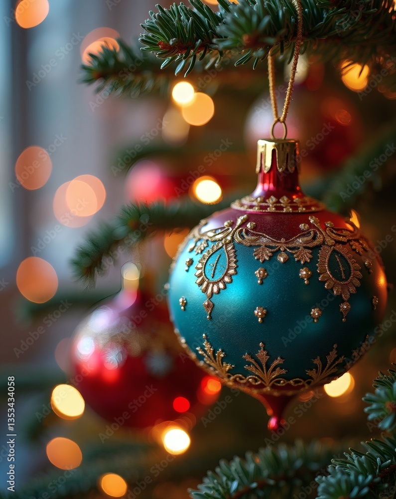 Aufkleber a close-up view of a beautifully decorated christmas tree with colorful ornaments and glowing lights