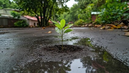 Fototapeta premium Green sprout growing from asphalt surrounded by puddle representing resilience and nature's power