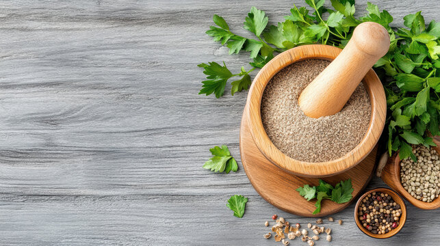 Freshly ground spices in rustic mortar and pestle, surrounded by herbs and seeds