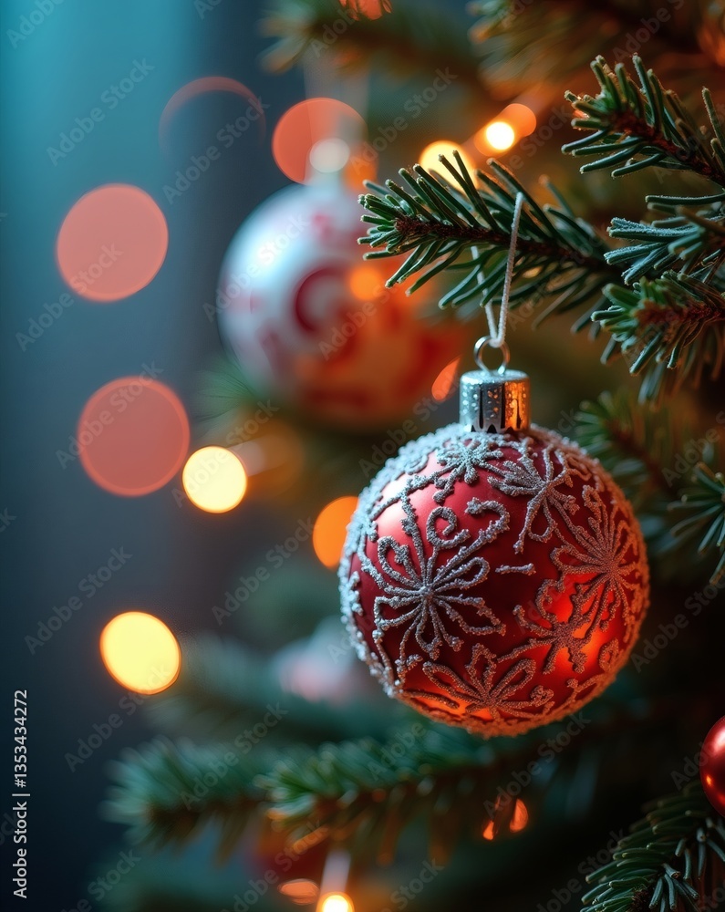 Poster a detailed view of a red christmas ornament hanging on a green christmas tree, with bokeh lights in 