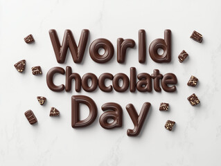 World Chocolate Day 3D text with dark chocolate on white marble background