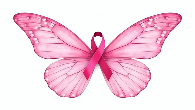 Flat Pink butterfly wings with ribbon clipart breast cancer awareness symbol watercolor illustration sharp details isolated on white background concept as Pink butterfly wings with ribbon breast cance