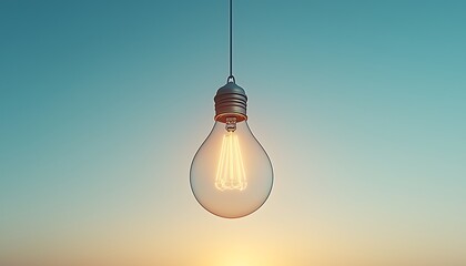 Hanging lightbulb with sunset sky.