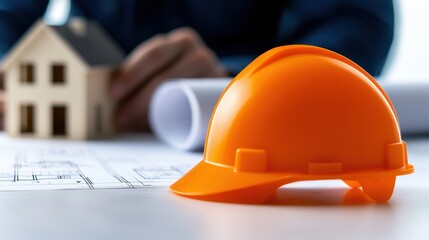 An orange hard hat rests on architectural plans near a toy house model.