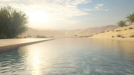 Fototapeta premium Serene landscape featuring a calm water body, mountains, and gentle sunlight at dawn.