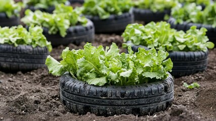 Lettuce grown in repurposed tire planters in a community garden during springtime