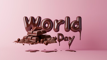 World Chocolate Day 3D text with melting chocolate and bars on pink background