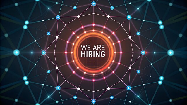High tech We Are Hiring design with glowing text in a dynamic web of interconnected nodes and lines, symbolizing innovative hiring, career growth and digital recruitment solutions