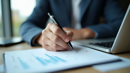 Man hand with pen writing notebook illustrating note taking and professional documentation in workspace setting. concept as Hand of man writing in notebook illustrating note taking and professional do