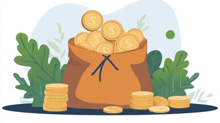 Abundant Wealth with Coin-filled Bag Surrounded by Greenery and Coins on a Blue Background Ideal for Financial and Investment Themes