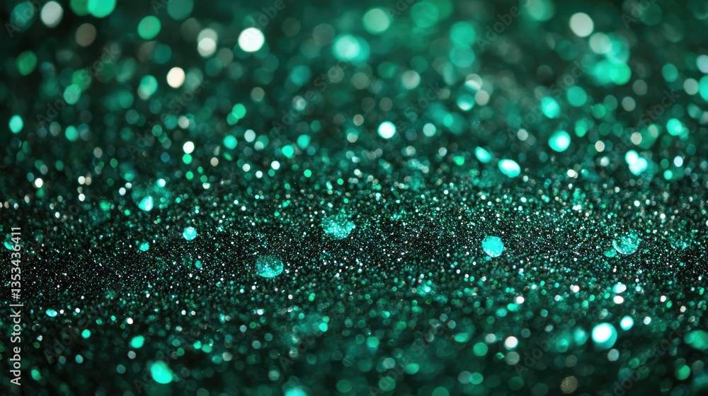 Poster close-up of shimmering emerald green glitter with a soft bokeh background, creating a festive and vi