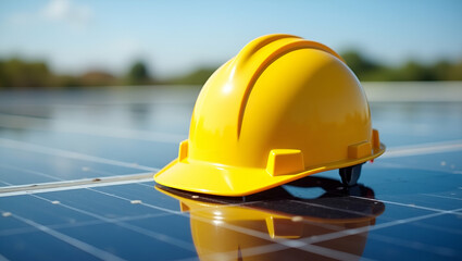 Yellow Safety Helmet on Solar Panel: A Symbol of Workplace Safety and Renewable Energy Technology - Stock Photo Concept with Space for Customization