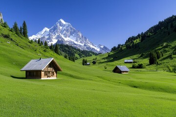 Obraz premium landscape popular serene Breathtaking view of lush green fields with traditional houses and majestic mountains.