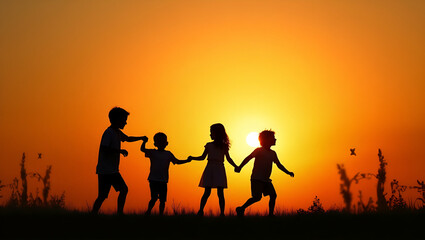 Silhouette children playing on summer sunset happy time illustrating joyful outdoor activities and happy moments in scenic setting. concept as Silhouette of children playing at summer sunset illustrat
