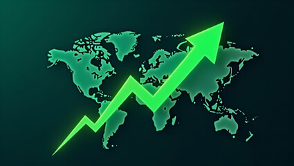 Flat Green stock market graph rising upwards with digital globe background depicting global stock market rally or recovery featuring stock and cryptocurrency elements. concept as Green stock market gr