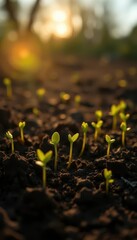 Tiny green sprouts pushing through dark, fertile soil towards bright morning sun, morning, upward