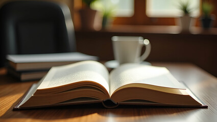 Naklejka premium Close-Up of Opened Book on Wooden Table: Showcasing Education Concept, Learning, and Academic Study in Classic Workspace - Perfect for Stock Photo with Empty Space for Text