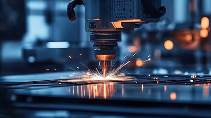 An industrial scene with a laser cutting machine slicing through a metal sheet, the laser emitting an orange glow with sparks flying, blurred industrial equipment in the background