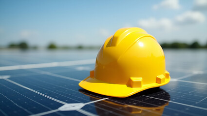 Yellow safety helmet on solar cell panel illustrating workplace safety and renewable energy technology concept as Yellow safety helmet placed on a solar cell panel illustrating workplace safety and re