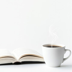 Steaming coffee cup beside open book on white background