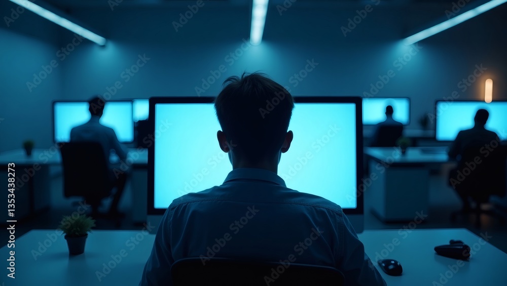 Aufkleber a person sitting in front of the computer screens, illuminated with blue tones in the workspace. several other people are sitting in front of the computer as well