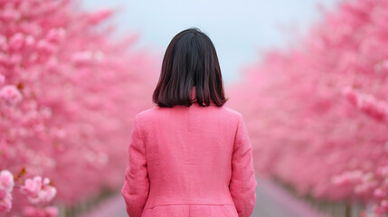 Woman in Pink Coat Amidst Cherry Blossoms