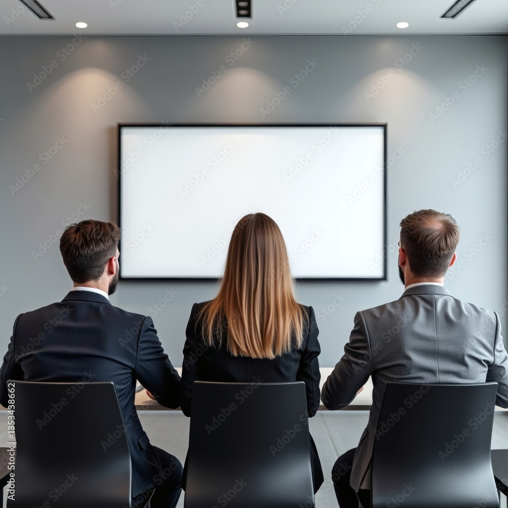 Poster three people in formal attire in a modern meeting room, facing a blank screen and appears in deep th